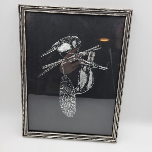 Vintage Foil Bird Birds Picture Black Silver Framed Read - Picture 2 of 8